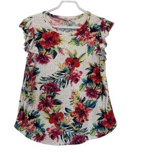 Pebble and Stone floral print eyelet summer top flutter sleeve made in USA sz M